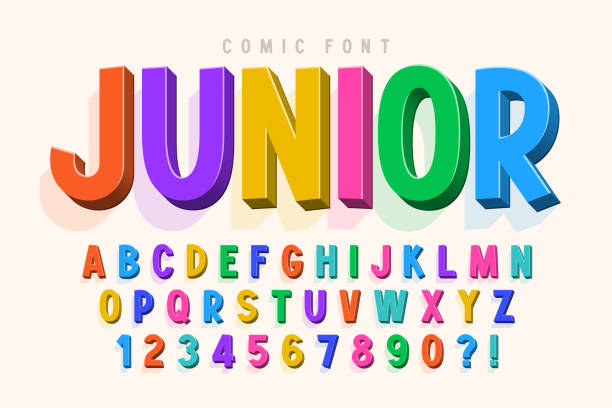 Trendy 3d comical font design, colorful alphabet, typeface Trendy 3d comical font design, colorful alphabet, typeface. Color swatches control junior level stock illustrations