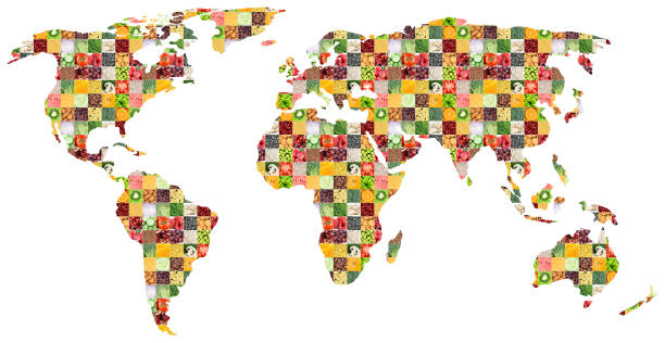 collage of fresh mixed food. world map - world cuisines imagens e fotografias de stock