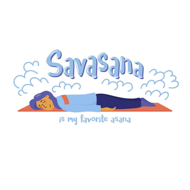 Savasana is my favorite asana, humor yoga poster Savasana is my favorite asana, humor poster with woman lying face down on yoga mat in relaxation, flat vector illustration isolated on white background. Girl, woman falls asleep during yoga practice face down stock illustrations