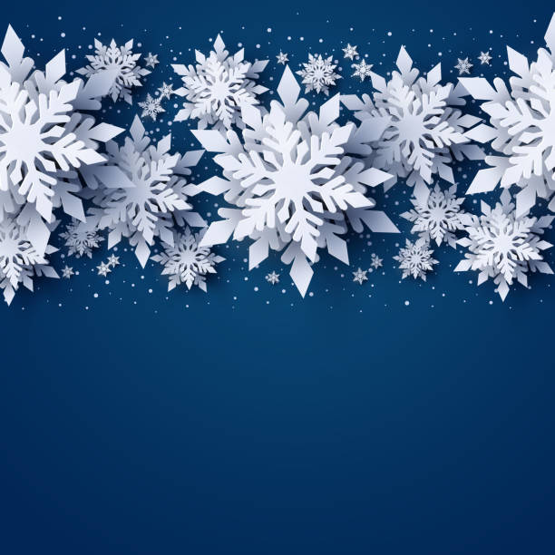 Vector Merry Christmas and Happy New Year banner Vector Merry Christmas and Happy New Year greeting card design with white layered paper cut snowflakes on dark blue background. Seasonal Christmas and New Year holidays paper art banner, poster winter fashion stock illustrations