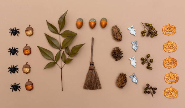 istock Halloween theme with decorations on brown paper 1054931026