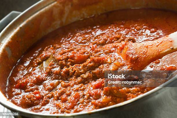 Large Pot Of Bolognese Sauce Cooking Stock Photo - Download Image Now - Bolognese Sauce, Cooking Pan, Tomato Sauce