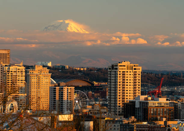 Fighter Jet Flies Over Seattle in the Distance Mount Rainier Sunset