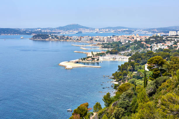 view of the port of Toulon, seyne-sur-mer and seaside of rade de view of the port of Toulon, seyne-sur-mer and seaside of rade des vignettes  from cap brun alpes de haute provence photos stock pictures, royalty-free photos & images
