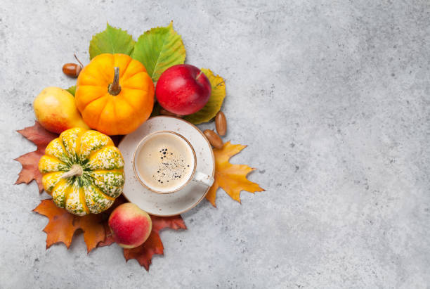 istock Autumn backdrop with pumpkins and fruits 1054936632