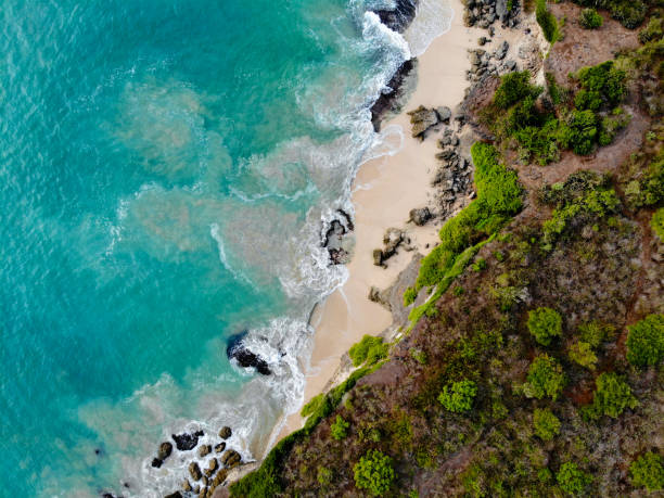 istock Aerial top view sand beach with rocks and green cliff 1054937864