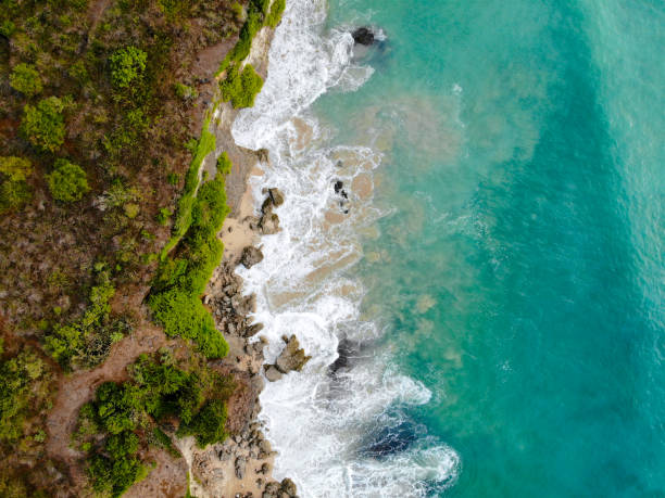 istock Aerial top view sand beach with rocks and green cliff 1054937866