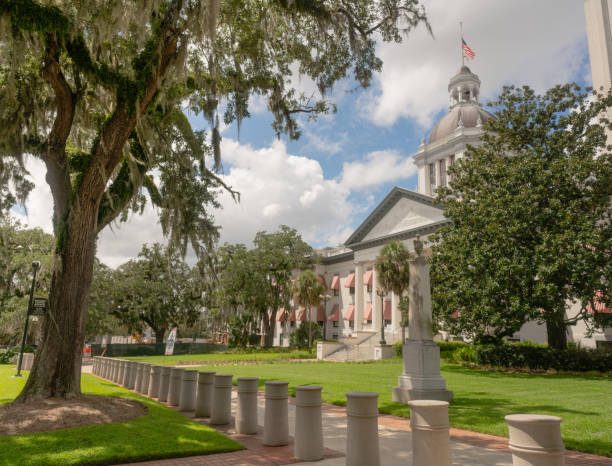Blue Sky behind White Clouds Over the State Capitol on Florida in Tallahassee stock photo