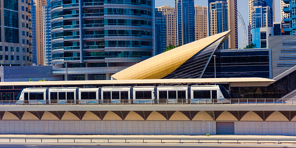 modern tram for transportation in Dubai city, UAE