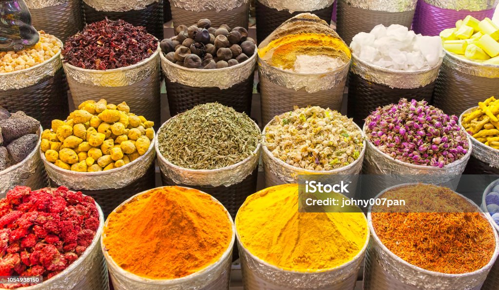 traditional spice market in United Arab Emirates, Dubai souk traditional spice market in United Arab Emirates, Dubai souk or market Spice Stock Photo