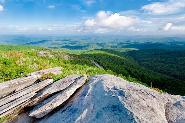 catena montuosa del blue ridge con erba e nuvole - blue ridge mountains mountain range north carolina tennessee foto e immagini stock