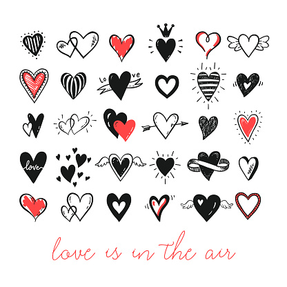 Vector set of hand drawn doodle cartoon hearts. Valentines day, love, wedding card design.