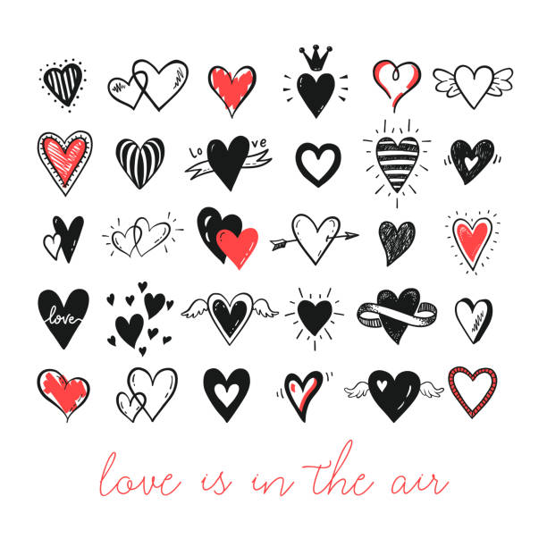 Doodle hearts collection Vector set of hand drawn doodle cartoon hearts. Valentines day, love, wedding card design. wings tattoos stock illustrations