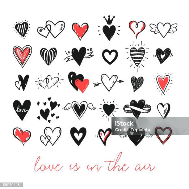 Doodle Hearts Collection Stock Illustration - Download Image Now - Heart Shape, Drawing - Activity, Animal Wing