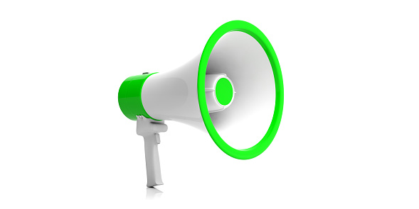Megaphone, bullhorn white with green details for public announcement isolated on white background. Close up front view. 3d illustration