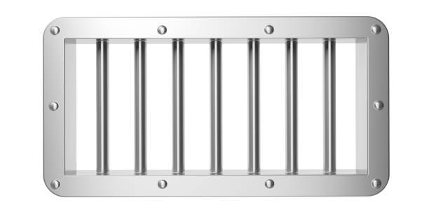 istock Prison, jail window with industrial silver bars isolated on white background. 3d illustration 1054948190