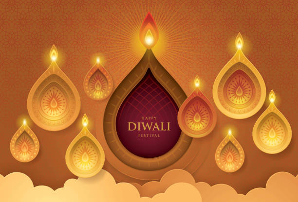 illustrazioni stock, clip art, cartoni animati e icone di tendenza di buon festival diwali con lampada ad olio diwali, diwali vacanza bacground con lampade diya - bacground elegance flower frame