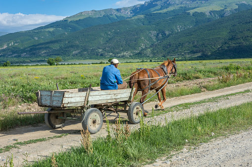 Near Kazanlak, Bulgaria - 05/29/2018 - A man riding horse cart on dusty road at early morning.