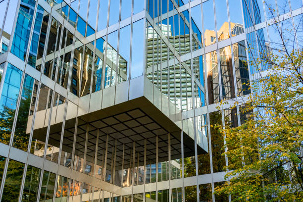 istock Autumn leaves reflecting on office building 1054950860