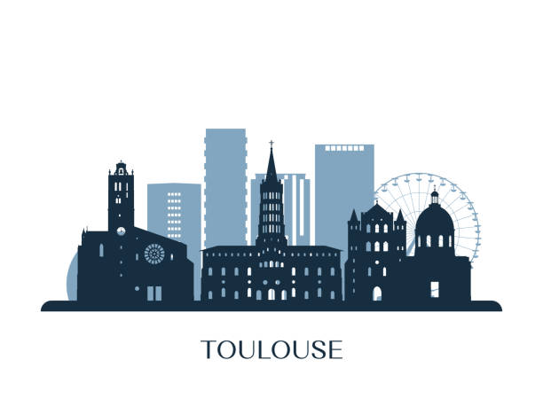 stockillustraties, clipart, cartoons en iconen met toulouse skyline, zwart-wit silhouet. vectorillustratie. - toulouse