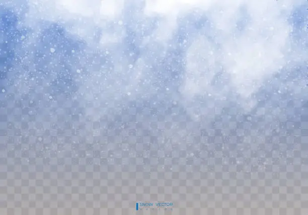 Vector illustration of Falling snow on a transparent background. Snow clouds or shrouds. Fog, snowfall. Abstract snowflake background. Fall of snow. Vector illustrator 10 EPS.