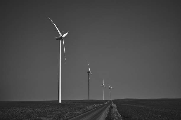istock Black and white landscape with wind turbines standing on a secluded empty field with a road in the middle, Windmill for electric power production, Wind turbines generating green energy electricity 1054951850