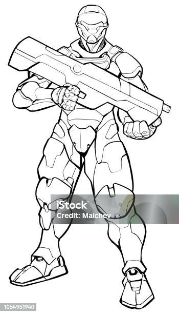 Futuristic Soldier Line Art Stock Illustration - Download Image Now - Armored Clothing, Robot, United States Navy SEALs