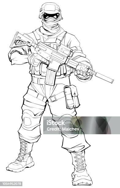 Soldier Line Art Stock Illustration - Download Image Now - Activity, Alertness, Army