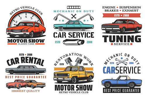 Car service, tuning or restoration icons. Garage station. Vector off-road vehicle and outdoor adventure, retro car and auto parts vintage symbols and wrenches