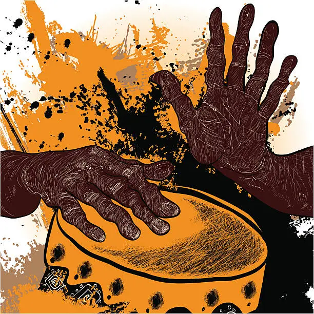 Vector illustration of Illustration of African drummer's hands playing yellow drum