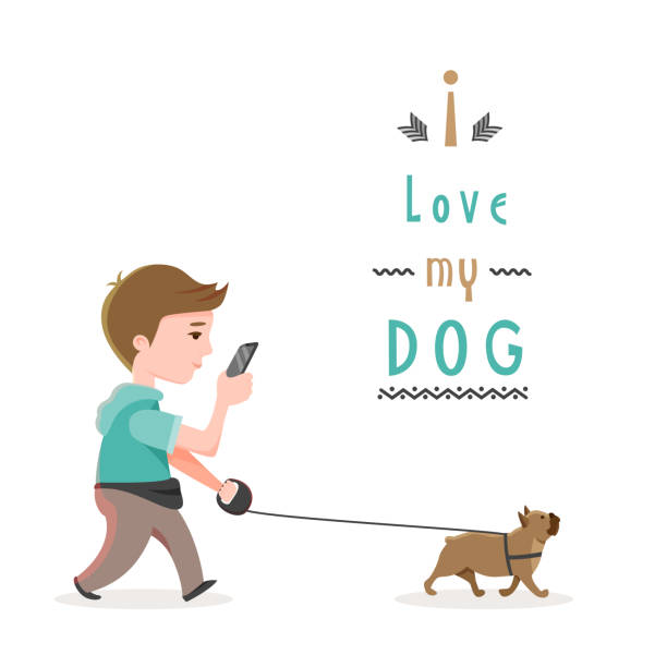 Young boy walks a bull dog on a leash reading smart phone Young teenager walks French bulldog on a leash and plays game on touch screen smart phone. Vector illustration colorful isolated on white background with lettering bulldog reading stock illustrations
