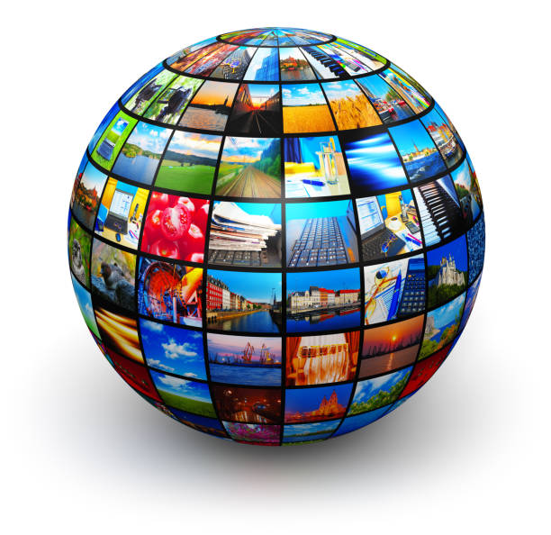Sphere with color pictures Creative abstract web streaming media TV video service technology, multimedia business internet communication and cinema content production concept: 3D render illustration of round sphere or globe with color pictures and colorful photos collage or montage isolated on white background sphere photos stock pictures, royalty-free photos & images