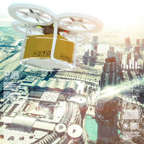 istock Delivery drone fly shoot in Dubai skyline Logistics 1054958350