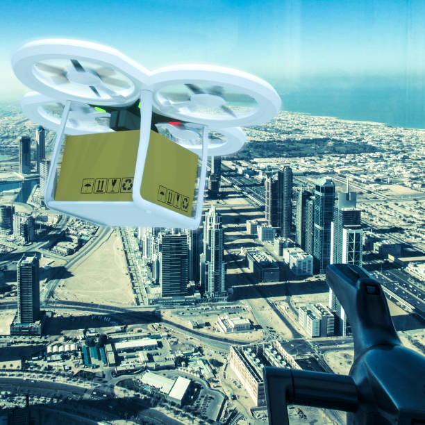 istock Delivery drone fly shoot in Dubai skyline Logistics 1054958696