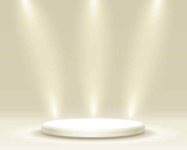 istock Stage podium with lighting, Stage Podium Scene with for Award Ceremony on yellow Background, Vector illustration 1054958988