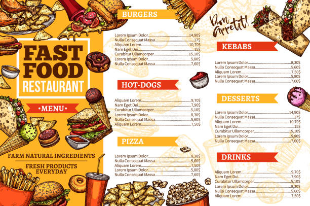 illustrations, cliparts, dessins animés et icônes de restauration rapide menu de hamburgers, hot dog et brochettes - hamburger refreshment hot dog bun