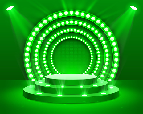 Stage podium with lighting, Stage Podium Scene with for Award Ceremony on green Background, Vector illustration
