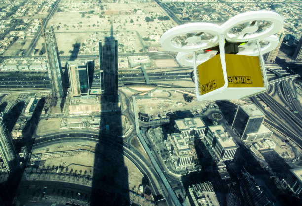 istock Delivery drone fly shoot in Dubai skyline Logistics 1054959776