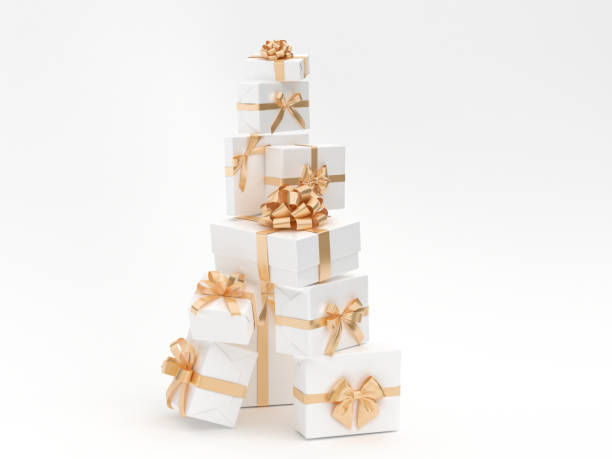 gifts stack with golden ribbon - gift gold box white imagens e fotografias de stock