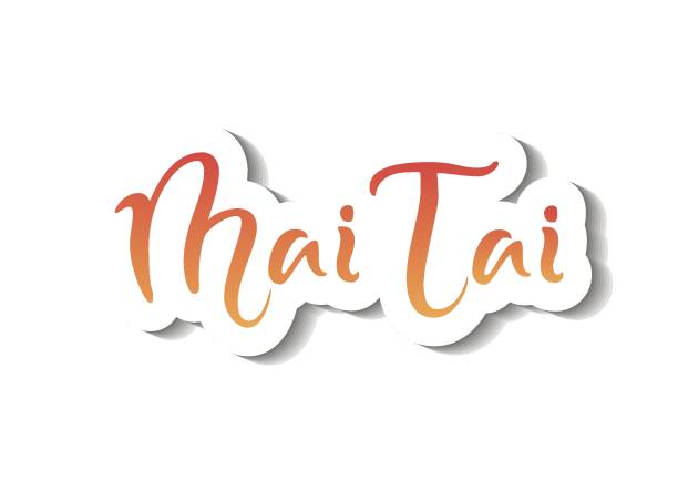 illustrations, cliparts, dessins animés et icônes de lettrage de la calligraphie moderne du mai tai rouge orange gradient avec ombres sur fond blanc et contour blanc - mai tai