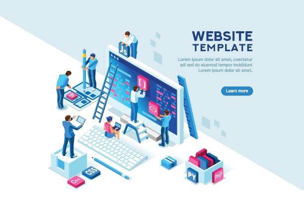 Project Team Office Web Template Project team of engineers for website create. Characters on a concept. Programming software coding and development, template for programmer or designer. Flat isometric concept. Vector illustration. computer programming desk stock illustrations