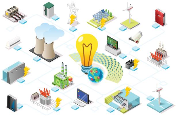 ilustrações de stock, clip art, desenhos animados e ícones de power grid infographic of energy - torre de transmissão de eletricidade