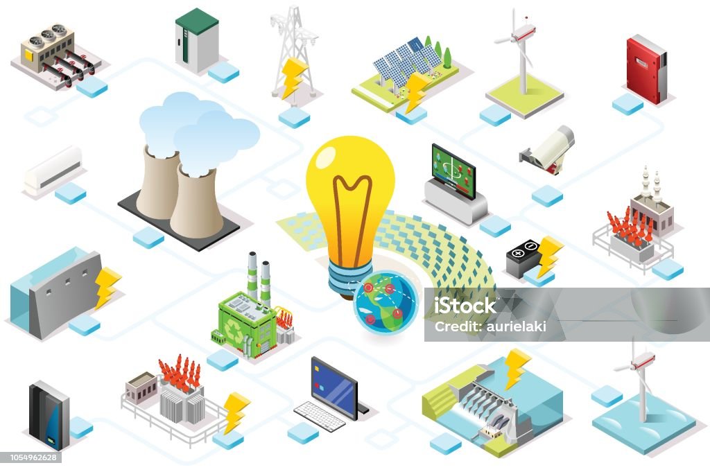 Power Grid Infographic of Energy Power grid infographic, generating of power consumption. Energy element on line transmission. Station with high voltage socket. Flat isometric flowchart concept with characters. Vector illustration. Isometric Projection stock vector