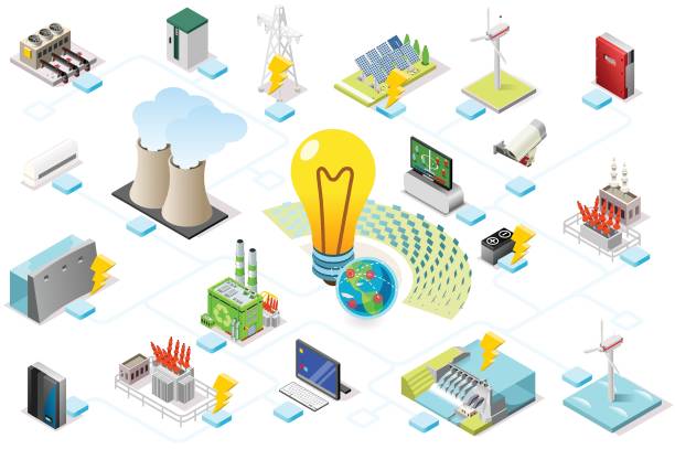 Power Grid Infographic of Energy Power grid infographic, generating of power consumption. Energy element on line transmission. Station with high voltage socket. Flat isometric flowchart concept with characters. Vector illustration. power mast stock illustrations