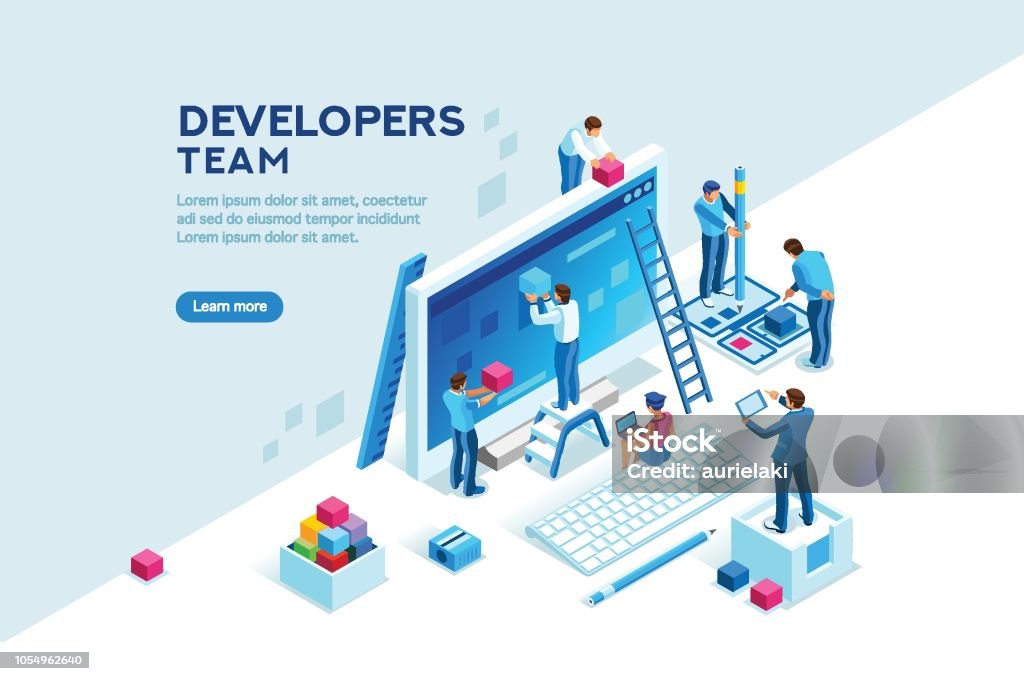 Engineer Team Project Template Engineer team at project development, template for developer. Coding develop, programmer at computer or workstation for business. Concept with character, flat isometric vector illustration Computer Software stock vector