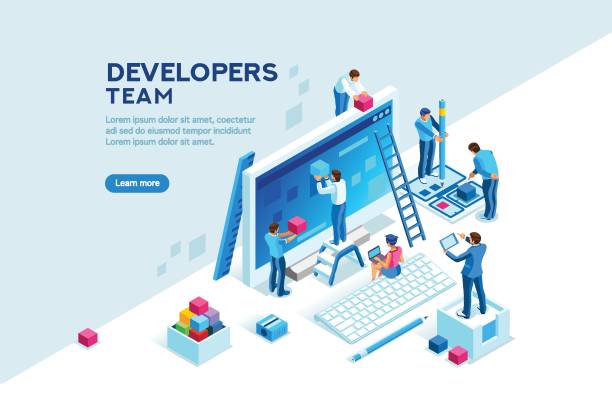 Engineer Team Project Template Engineer team at project development, template for developer. Coding develop, programmer at computer or workstation for business. Concept with character, flat isometric vector illustration homepage stock illustrations