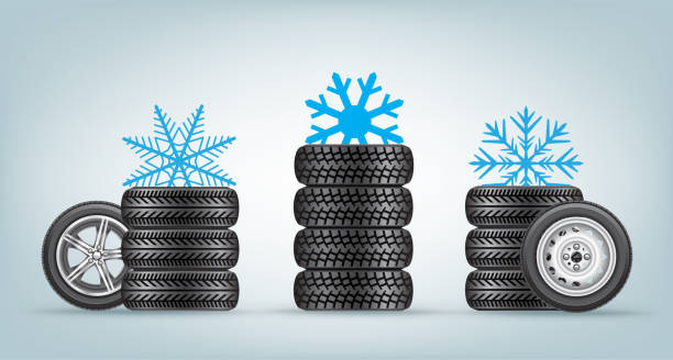 illustrazioni stock, clip art, cartoni animati e icone di tendenza di set ruote invernali - gear machine part wheel four objects