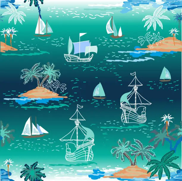Vector illustration of Summer regata in blue lagoon.