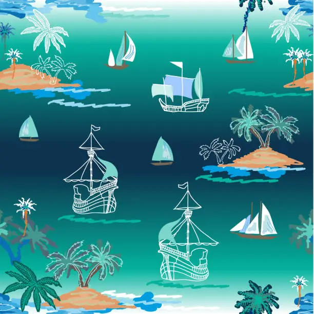 Vector illustration of Summer regata in blue lagoon.