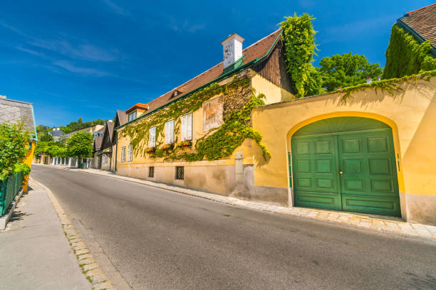 Narrow street through the famous district Grinzing in Vienna Austria with  Heurigen and other old buildings on sunny day with clear blue sky